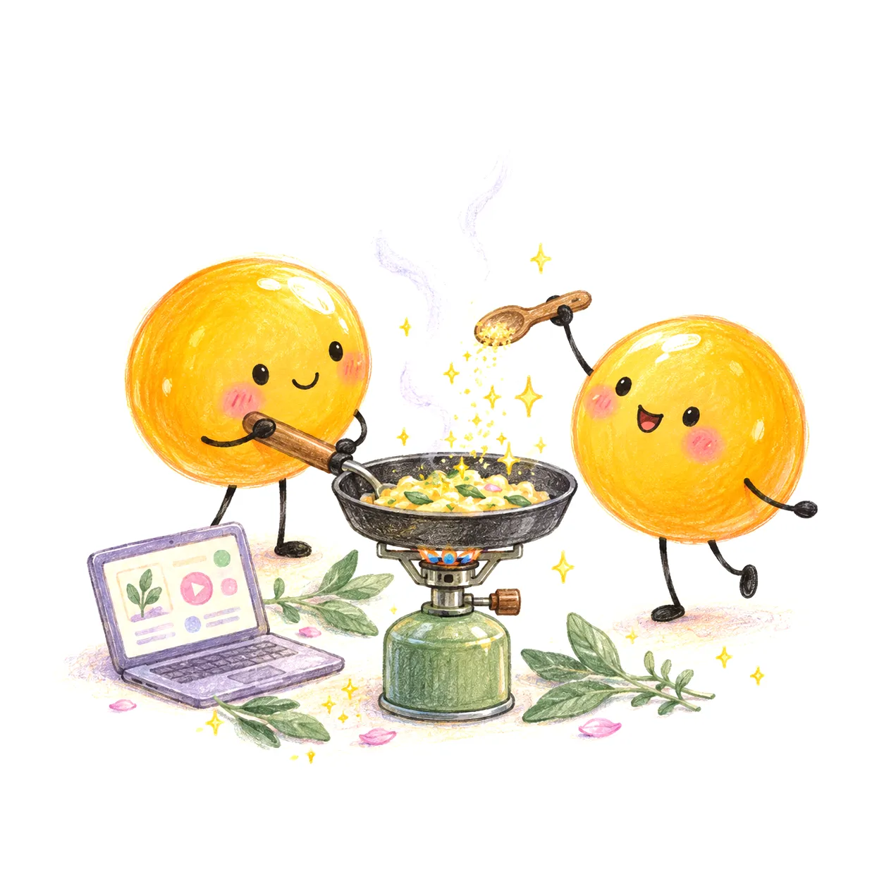 Dua Yolk memasak bersama di atas kompor kecil